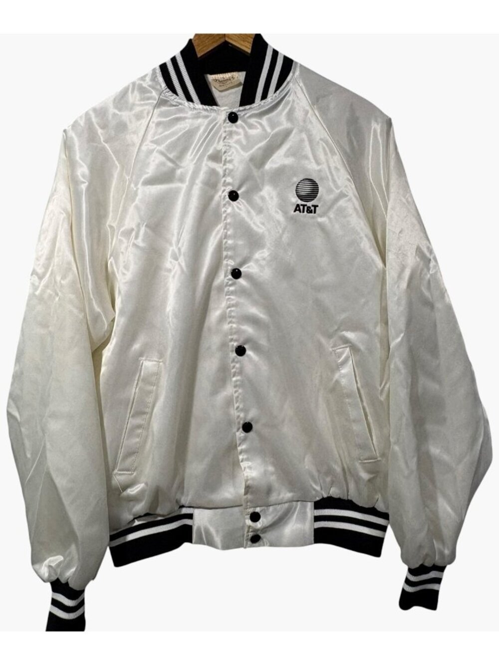 Auburn Mens Vintage Satin Varsity Bomber Jacket White Black AT&T Logo Sz L
